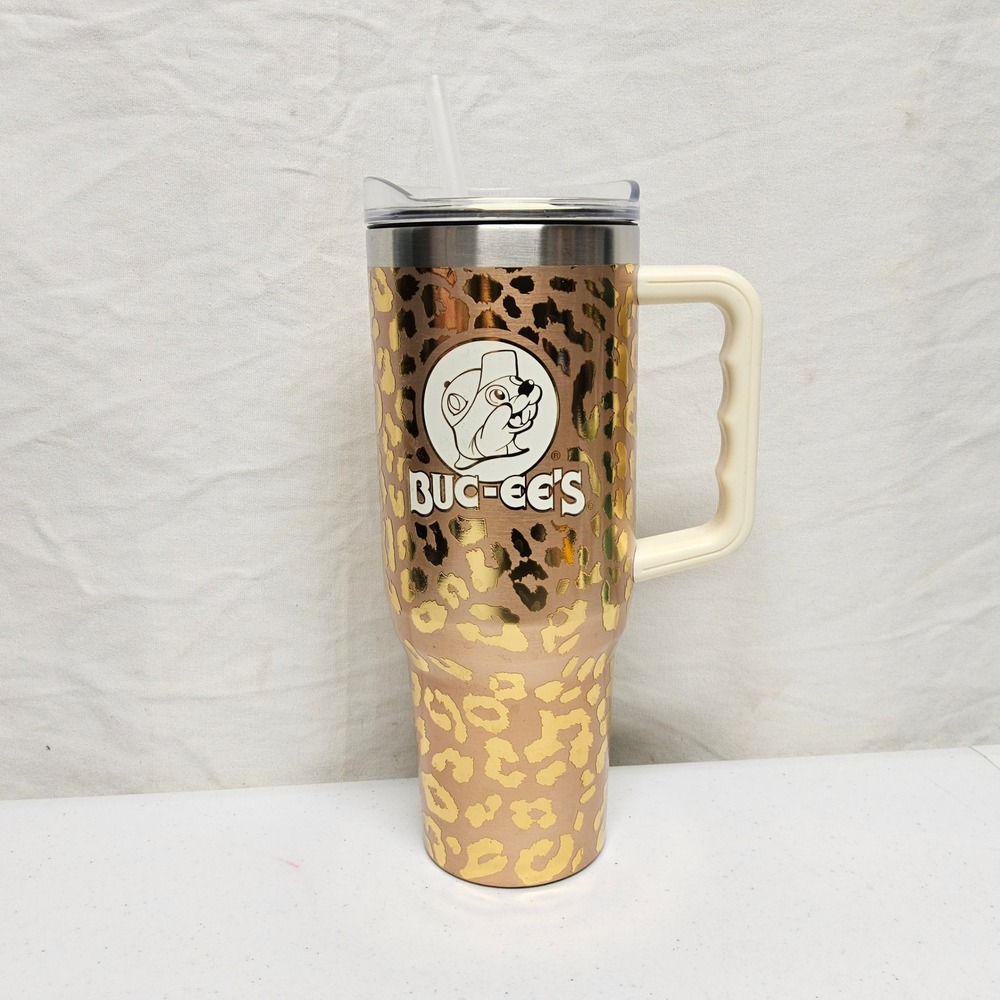 Buc-ee's Yukon Outfitters Tumbler 40oz Rose Gold Leopard Print Beaver Logo Lid